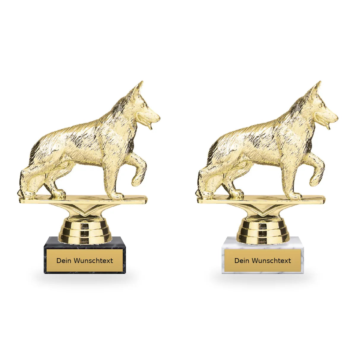 Schäferhund Pokal-Figur Paris auf schwarzem und weißem Marmorsockel mit Schild für individuelle Beschriftung