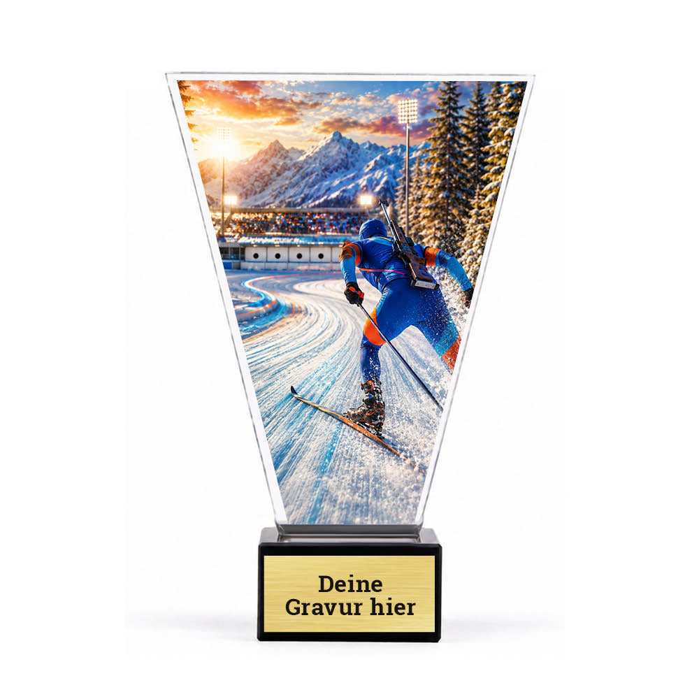 Acrylpokal mit Biathlet mit Skiern und Gewehr im Schnee auf schwarzem Marmorsockel mit Sockelschild