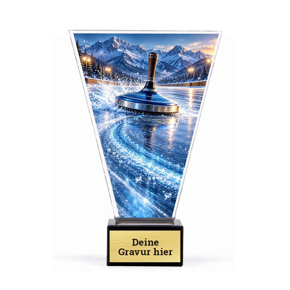Acrylpokal mit Eisstock vor winterlichem Bergpanorama auf schwarzem Marmorsockel mit Sockelschild