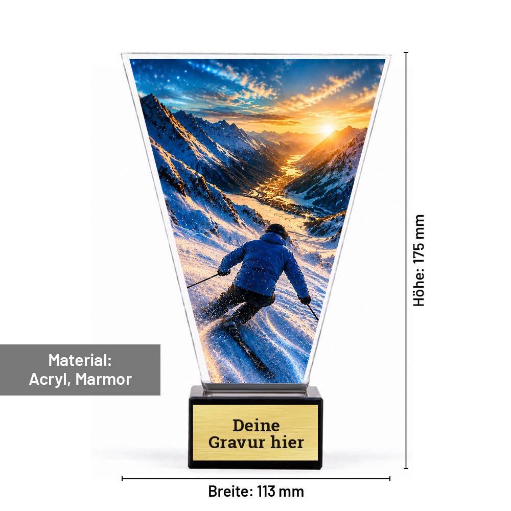 Maßbild Signature Glaspokal Skifahren: 175 mm Höhe, 113 mm Breite, Acrylplatte und Marmorsockel