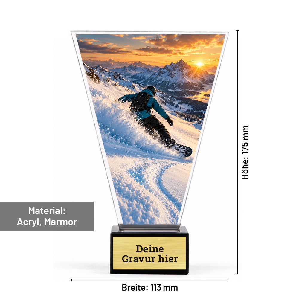Maßbild Signature Glaspokal Snowboard Freestyle: 175 mm Höhe, 113 mm Breite, Acrylplatte und Marmorsockel