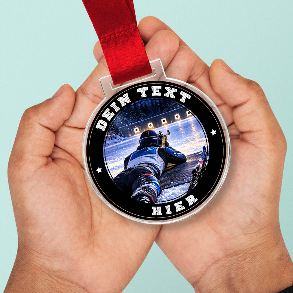 Signature Medaille Biathlon Liegendschießen in Händen als Größenvergleich