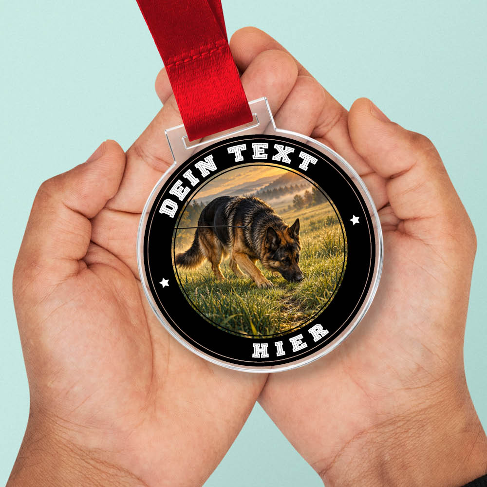 Signature Medaille Fährtenhundsport in Händen als Größenvergleich