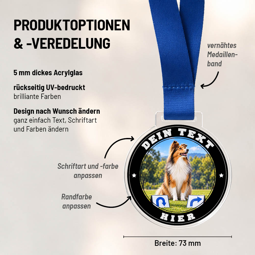 Maßübersicht und Gestaltungsoptionen der Signature Medaille Rally-Obedience
