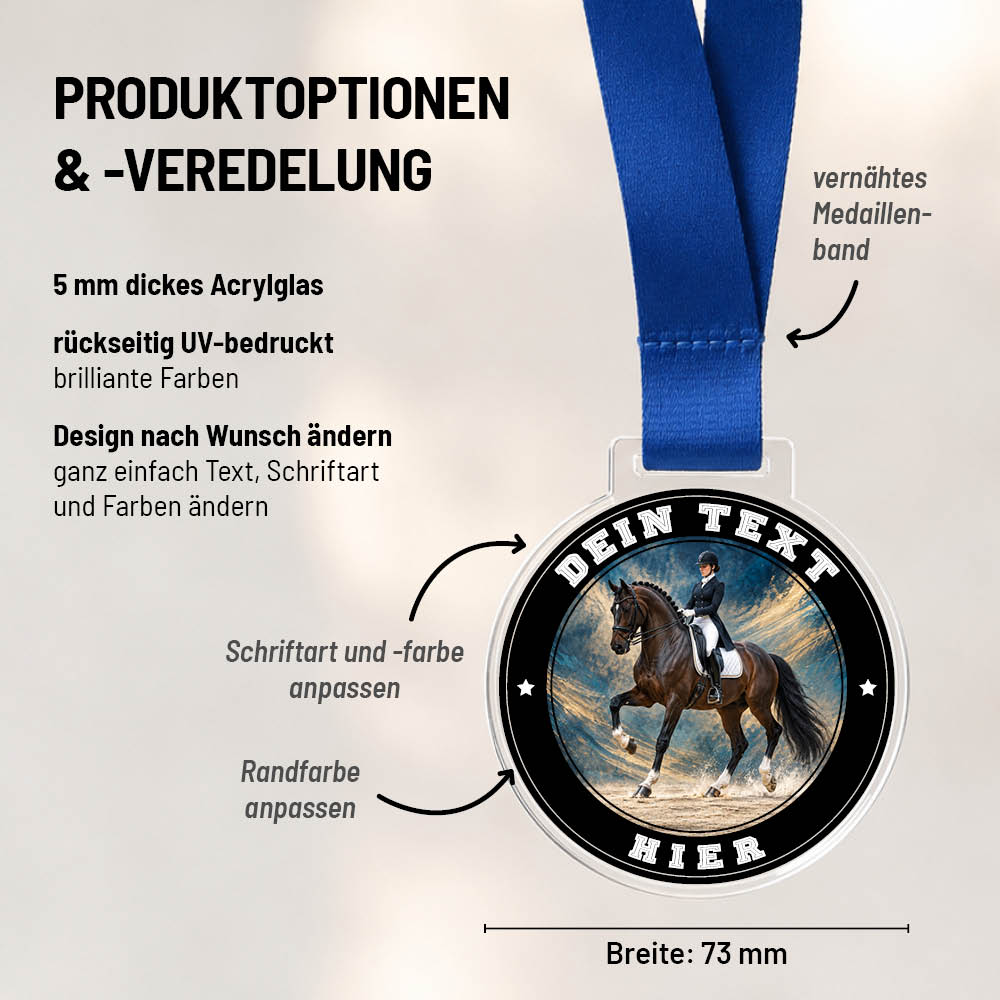 Maßübersicht und Gestaltungsoptionen der Signature Medaille Dressurreiten