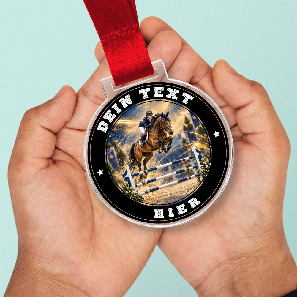 Signature Medaille Showjumping in Händen als Größenvergleich