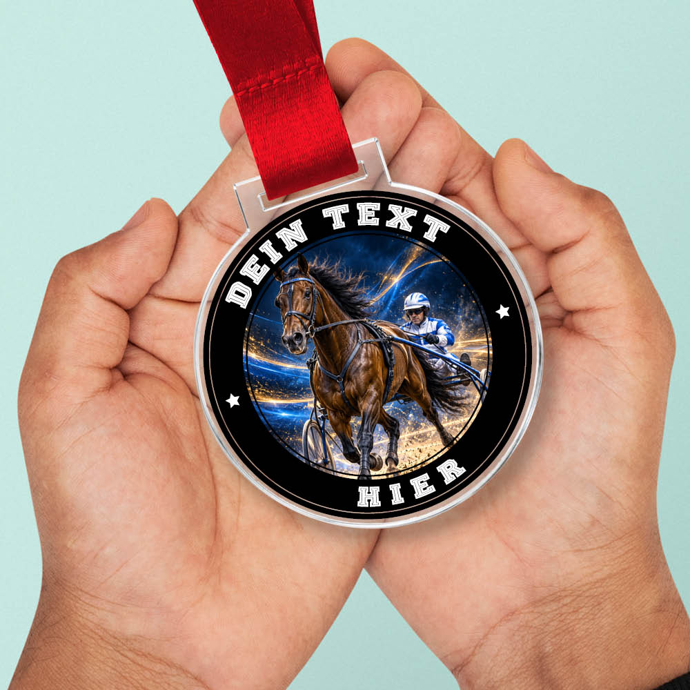 Signature Medaille Trabrennen in Händen als Größenvergleich