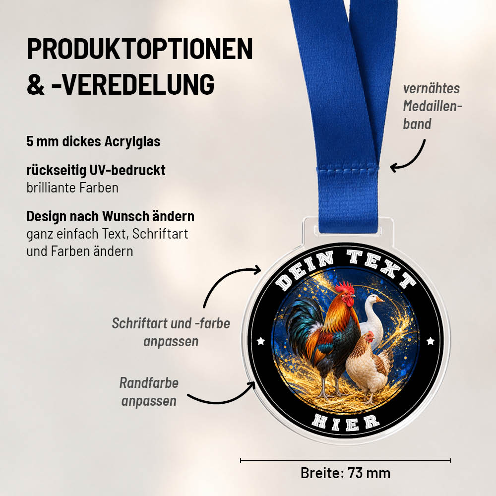 Maßübersicht und Gestaltungsoptionen der Signature Medaille Geflügelzucht