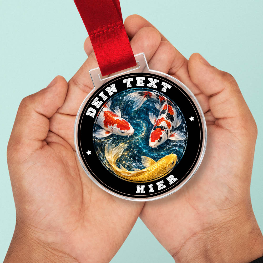 Signature Medaille Koi in Händen als Größenvergleich