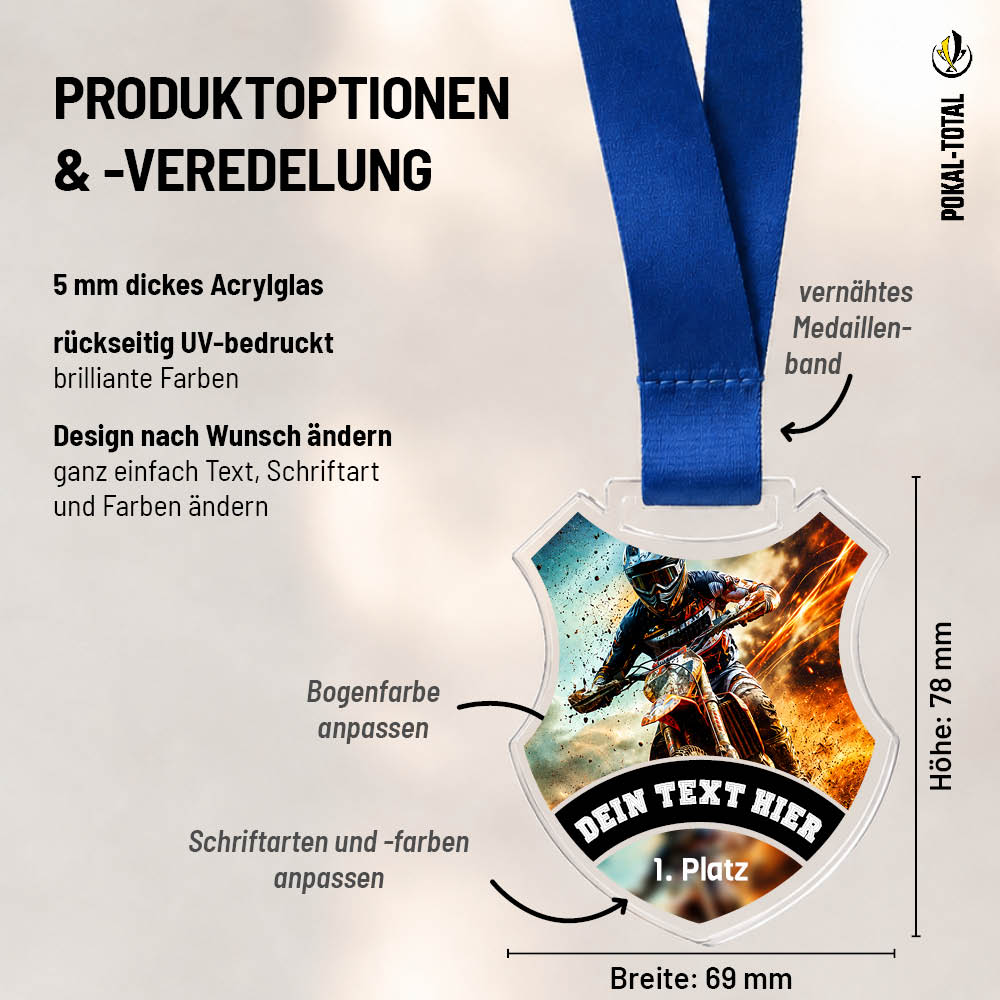 Wappen-Medaille Enduro: Maße 69 × 78 mm und Gestaltungsmöglichkeiten auf 5 mm Acrylglas