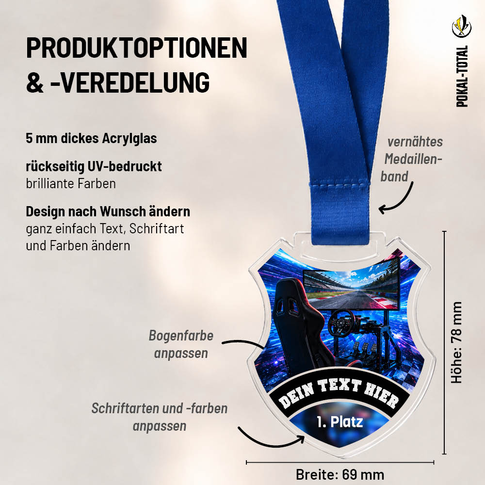 Wappen-Medaille Simracing: Maße 69 × 78 mm und Gestaltungsmöglichkeiten auf 5 mm Acrylglas