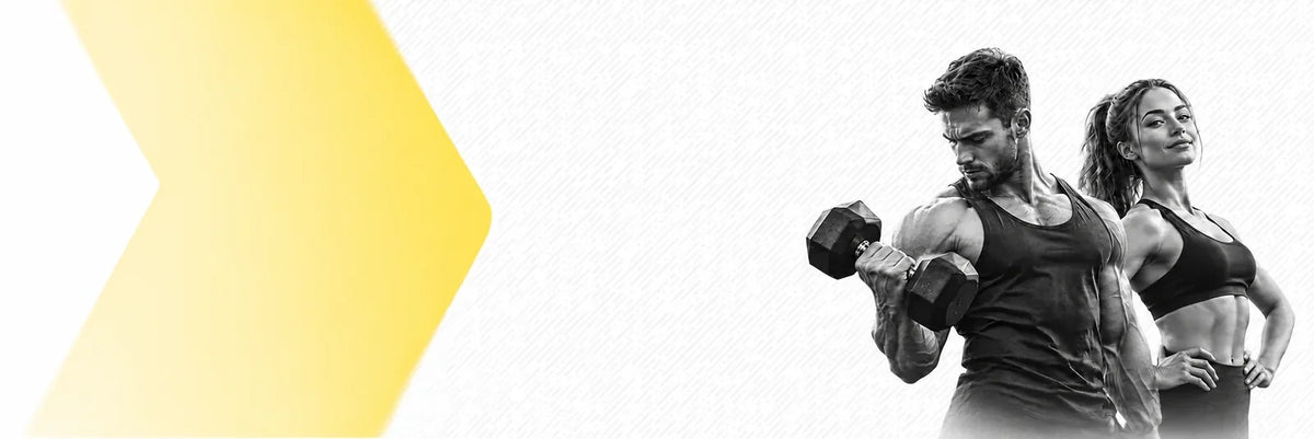 Fitness und Bodybuilding: zwei Athleten mit Kurzhantel vor gelbem Chevron