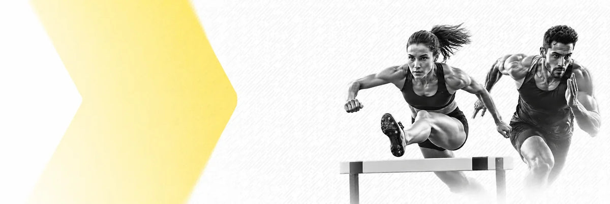 Hürdenläuferin und Sprinter in Schwarz-Weiß vor gelbem Chevron – Leichtathletik
