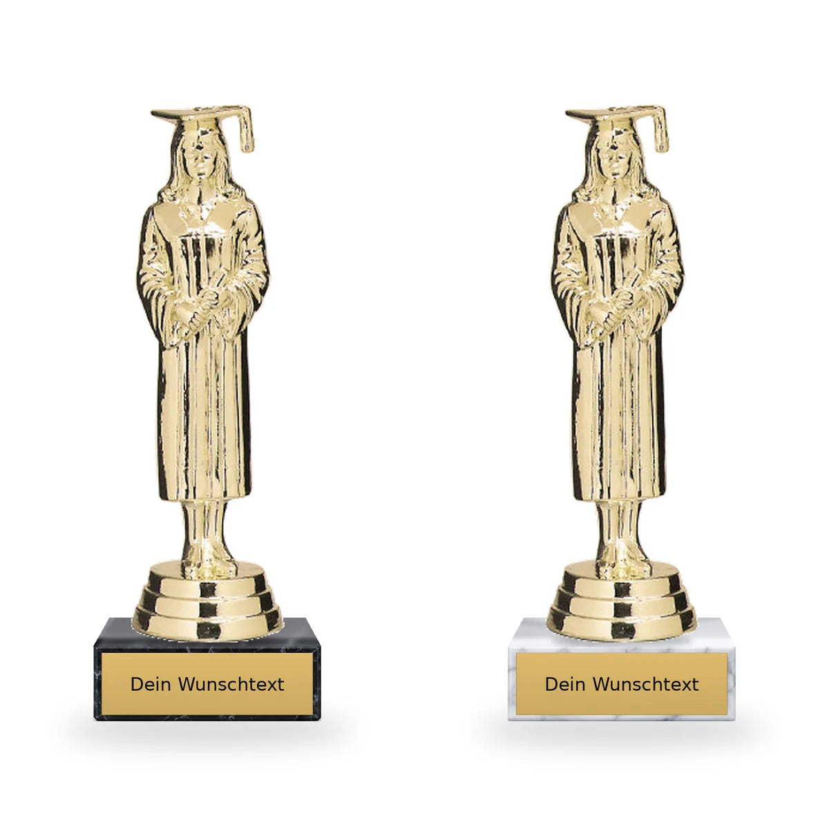 Absolventin Pokal-Figur Prag auf schwarzem und weißem Marmorsockel mit Schild für individuelle Beschriftung