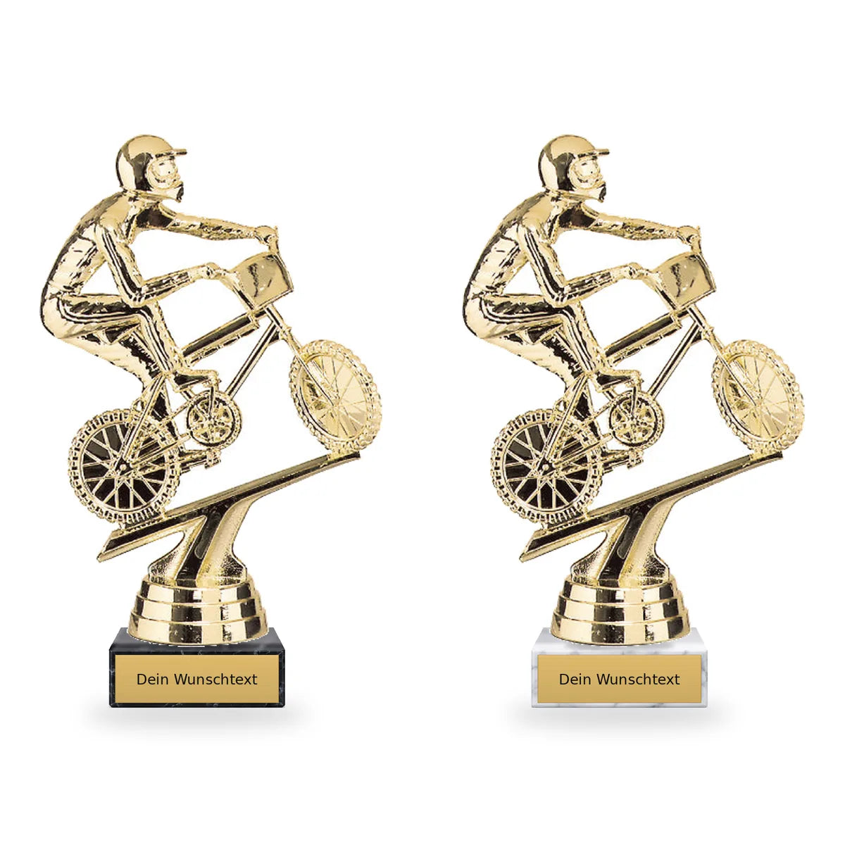 BMX Pokal-Figur Tirana auf schwarzem und weißem Marmorsockel mit Schild für individuelle Beschriftung