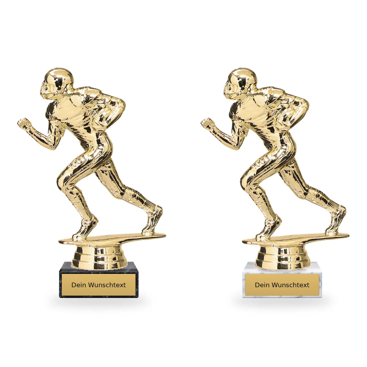 American Football Pokal-Figur Kasan auf schwarzem und weißem Marmorsockel mit Schild für individuelle Beschriftung
