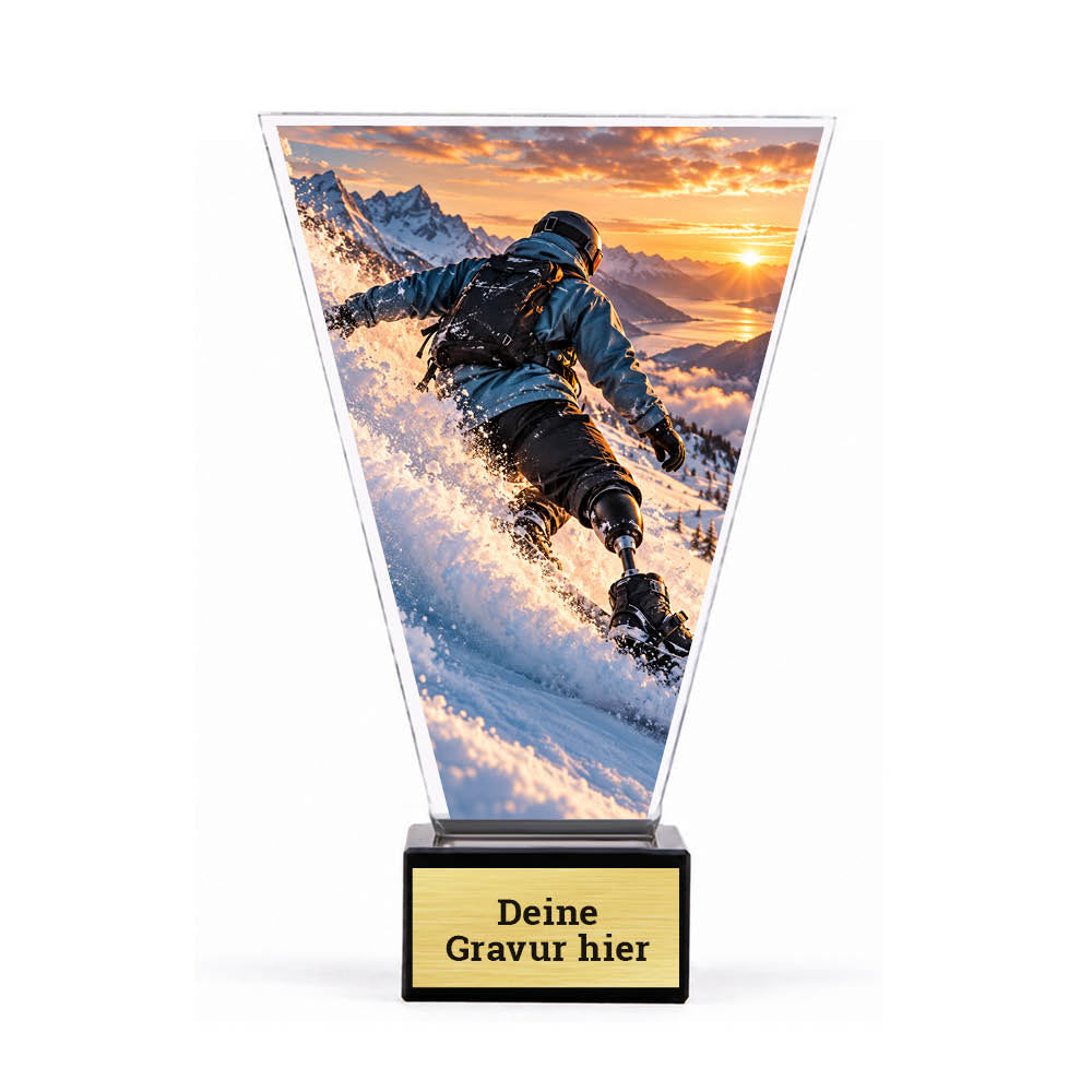 Acrylpokal mit Snowboarder im Pulverschnee auf schwarzem Marmorsockel mit Sockelschild