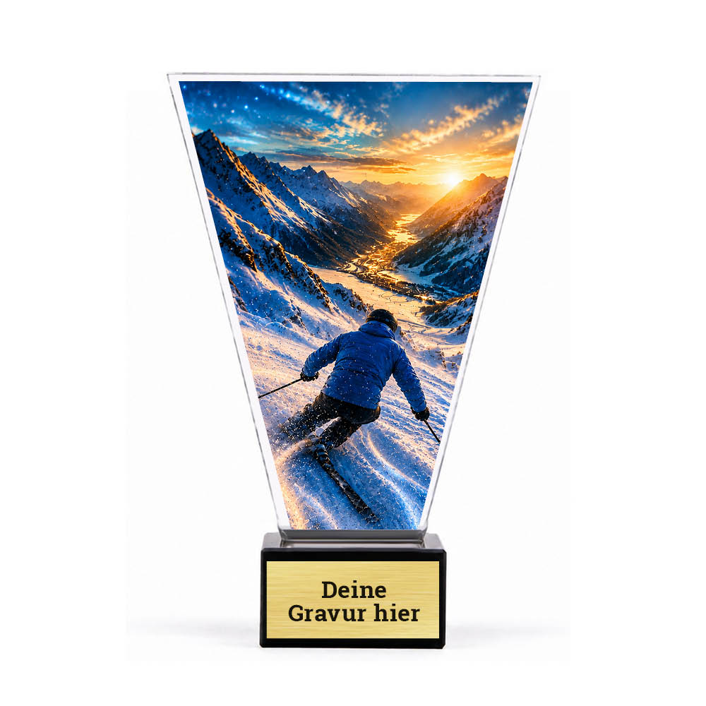 Acrylpokal mit alpiner Skifahrer in Rückansicht auf schwarzem Marmorsockel mit Sockelschild