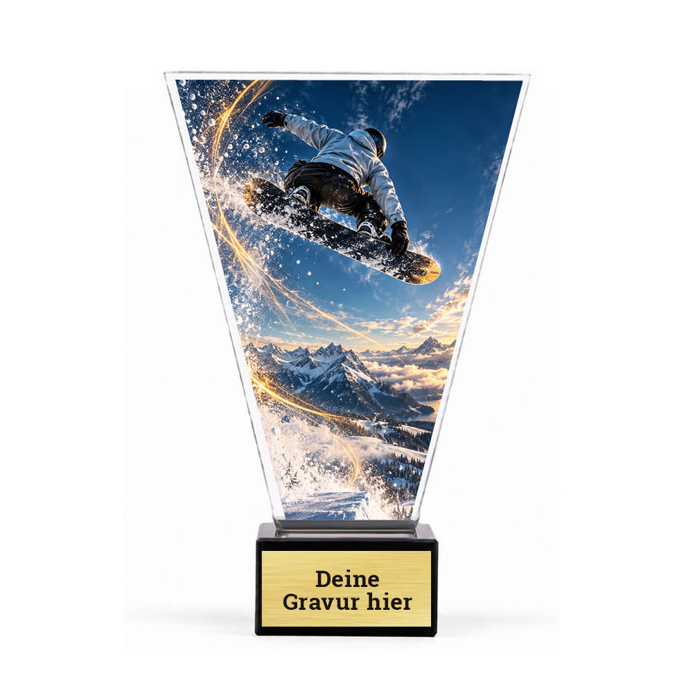Acrylpokal mit Snowboarder beim Sprung über dem Schnee auf schwarzem Marmorsockel mit Sockelschild