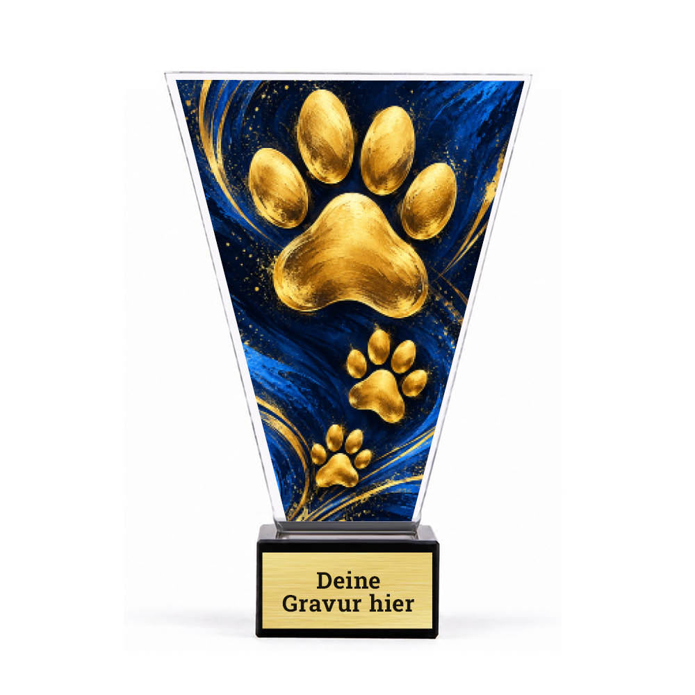 Signature Pokal Goldene Hundepfoten auf Sockel – Produktansicht