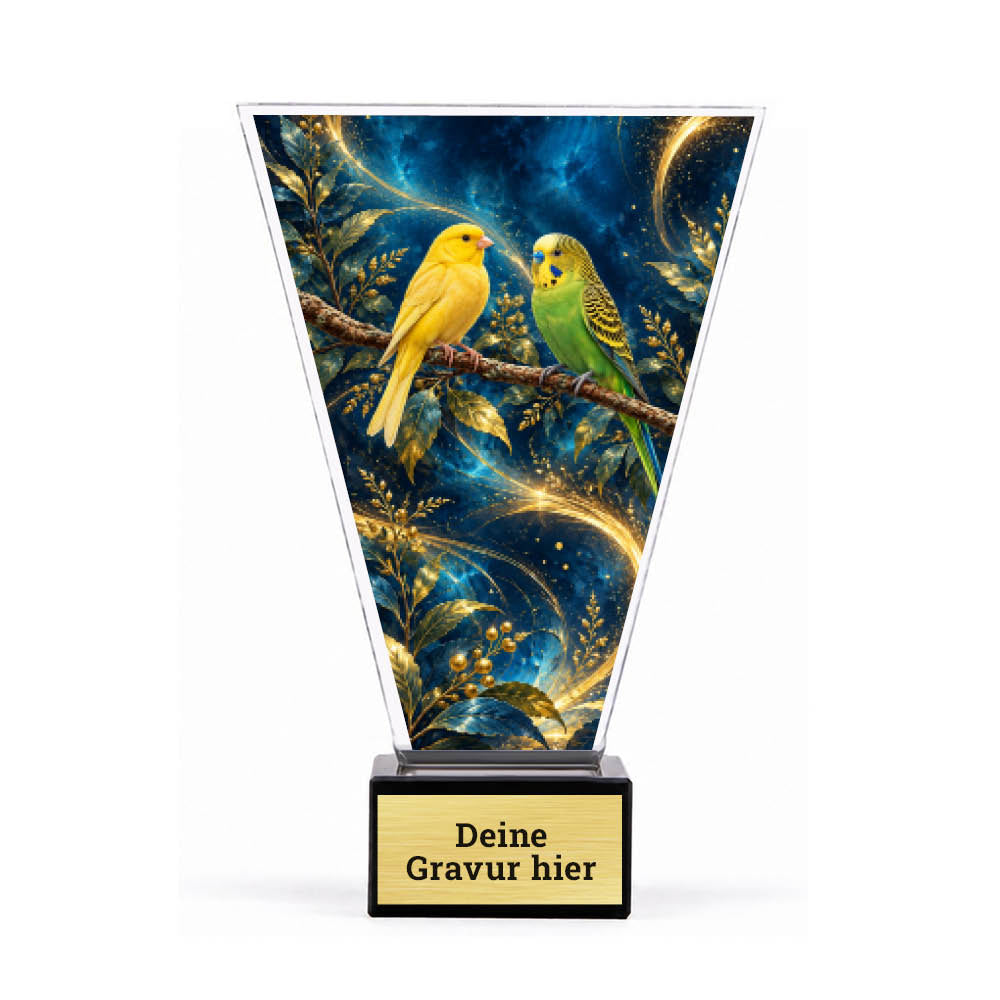 Signature Pokal Kanarienvogel und Wellensittich auf Sockel – Produktansicht