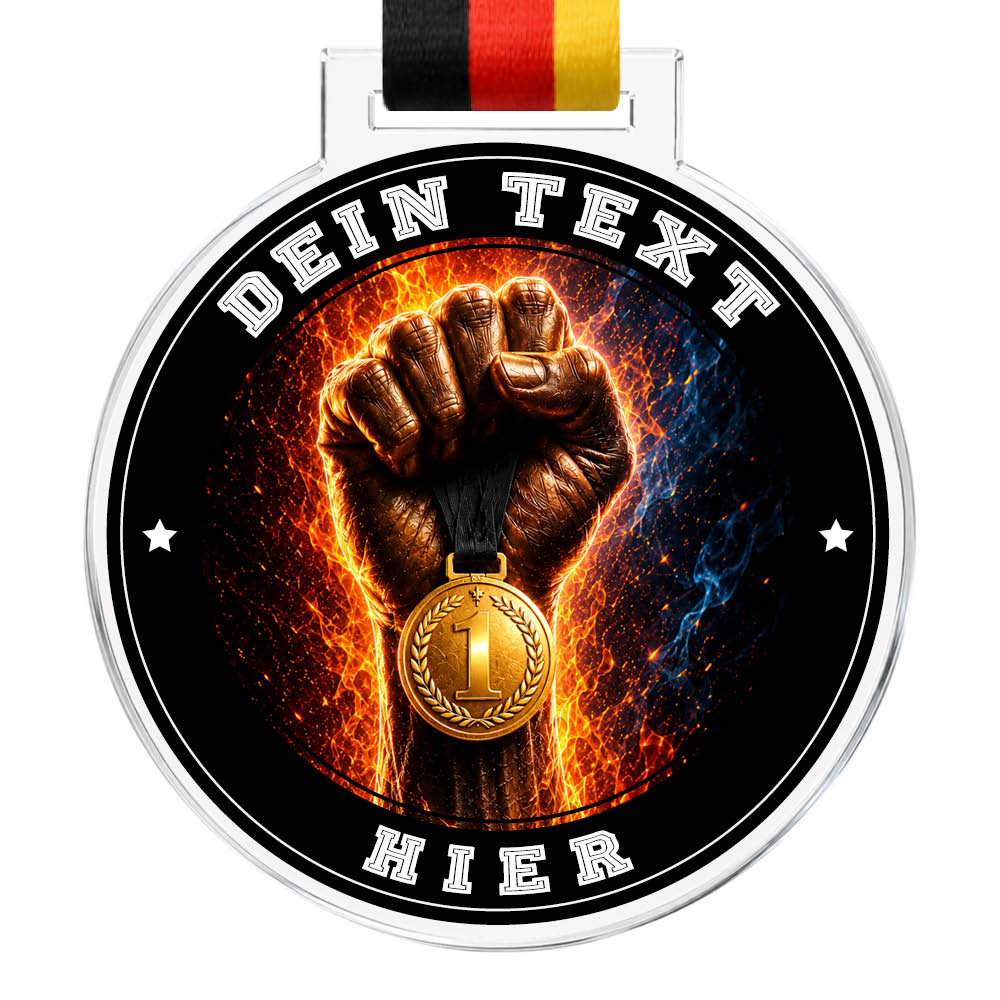 Signature-Medaille: Faust und Medaille mit Platzierungszahl 1