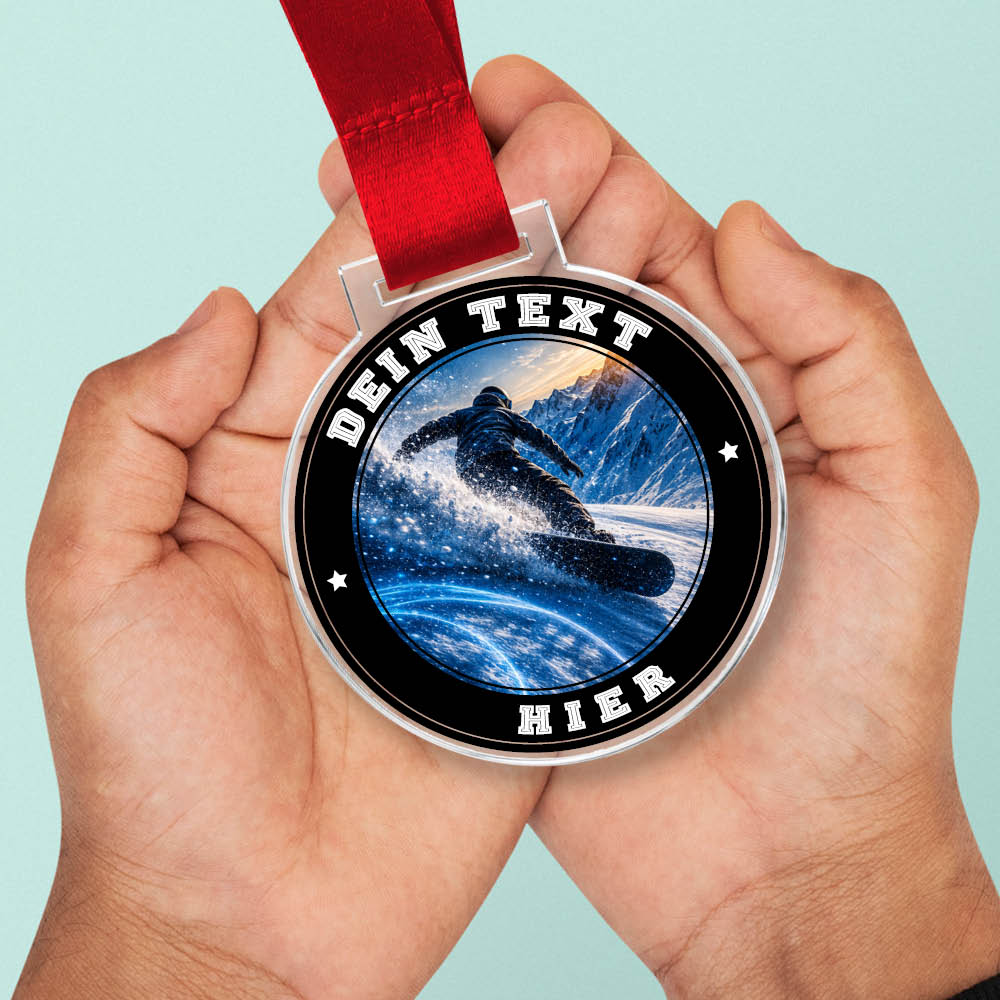 Signature Medaille Snowboardfahren in Händen als Größenvergleich