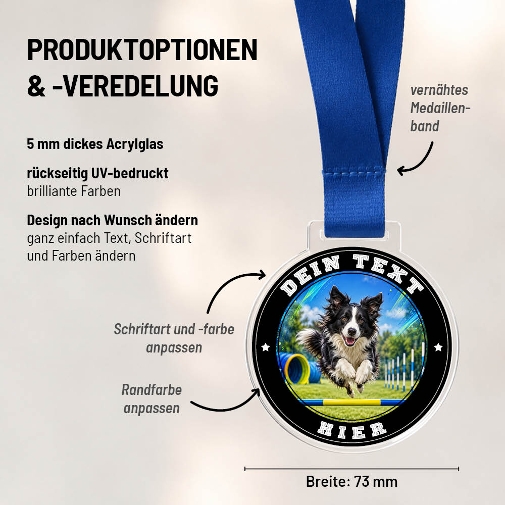 Maßübersicht und Gestaltungsoptionen der Signature Medaille Agility mit Border Collie