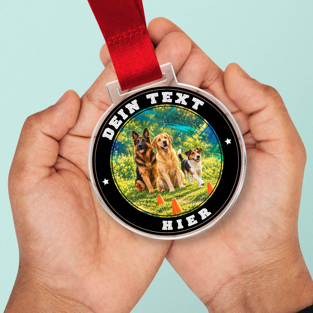 Signature Medaille Begleithundeprüfung & Funturniere in Händen als Größenvergleich