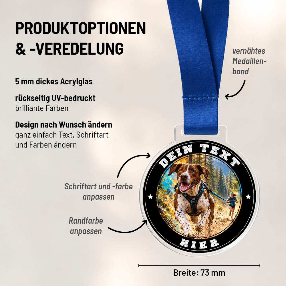 Maßübersicht und Gestaltungsoptionen der Signature Medaille Canicross