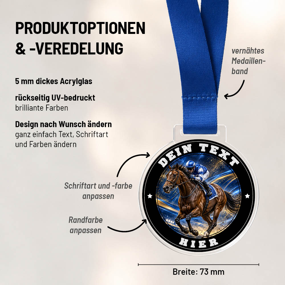 Maßübersicht und Gestaltungsoptionen der Signature Medaille Galopprennen