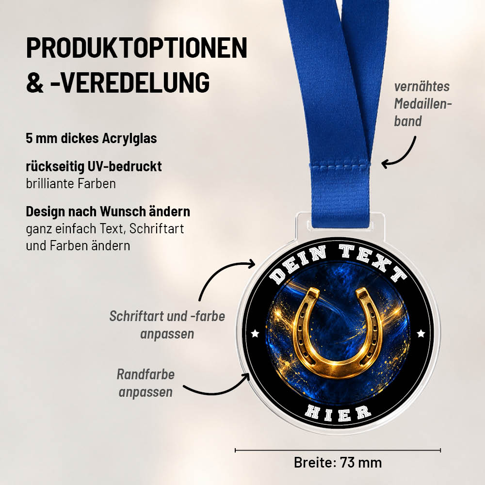 Maßübersicht und Gestaltungsoptionen der Signature Medaille Goldenes Hufeisen