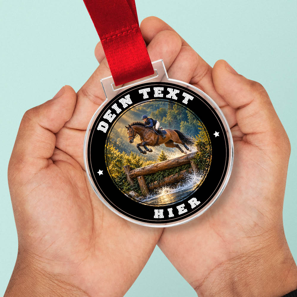 Signature Medaille Vielseitigkeitsreiten in Händen als Größenvergleich