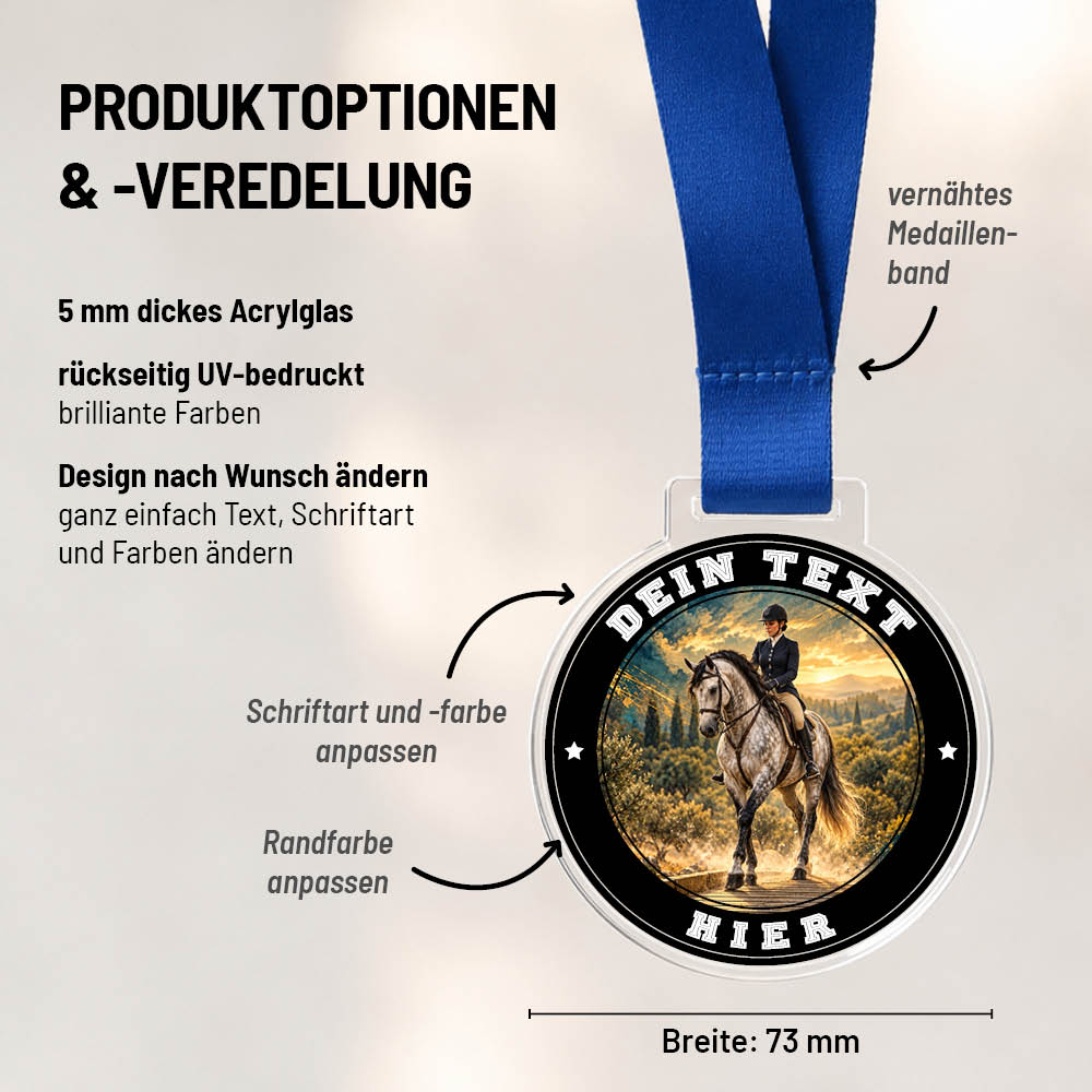 Maßübersicht und Gestaltungsoptionen der Signature Medaille Working Equitation