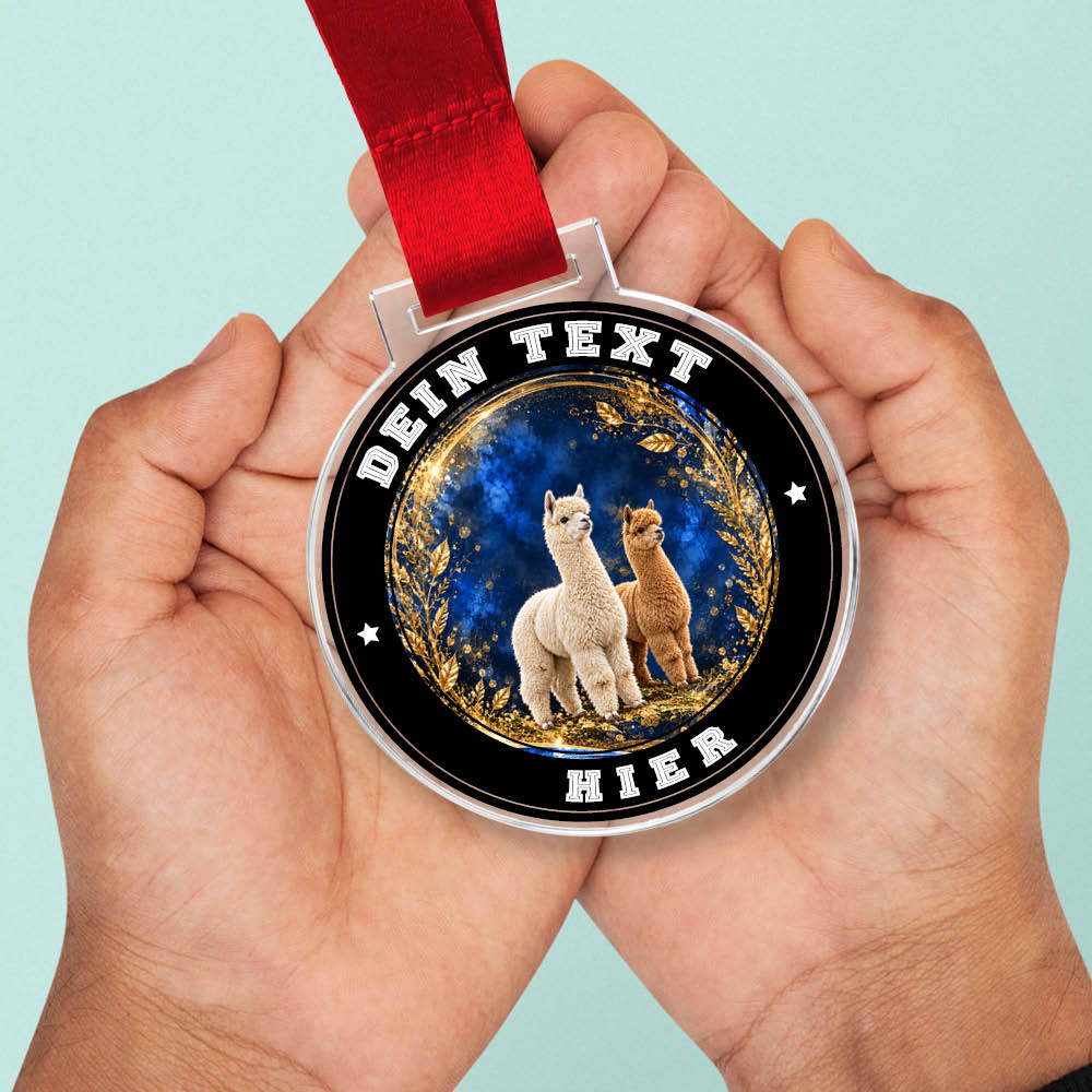 Signature Medaille Alpakaschau in Händen als Größenvergleich