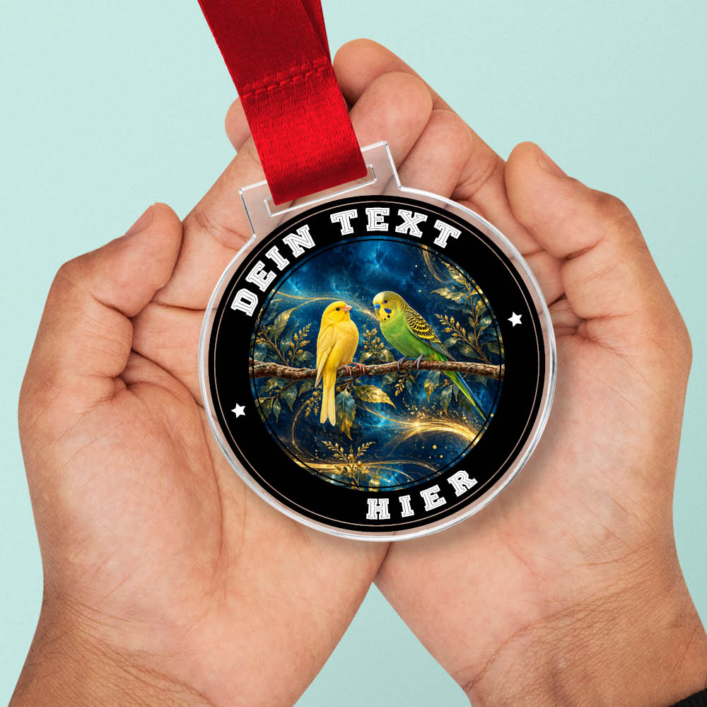 Signature Medaille Kanarienvogel und Wellensittich in Händen als Größenvergleich