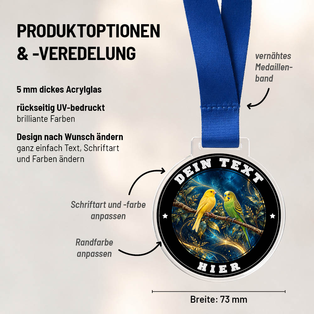 Maßübersicht und Gestaltungsoptionen der Signature Medaille Kanarienvogel und Wellensittich