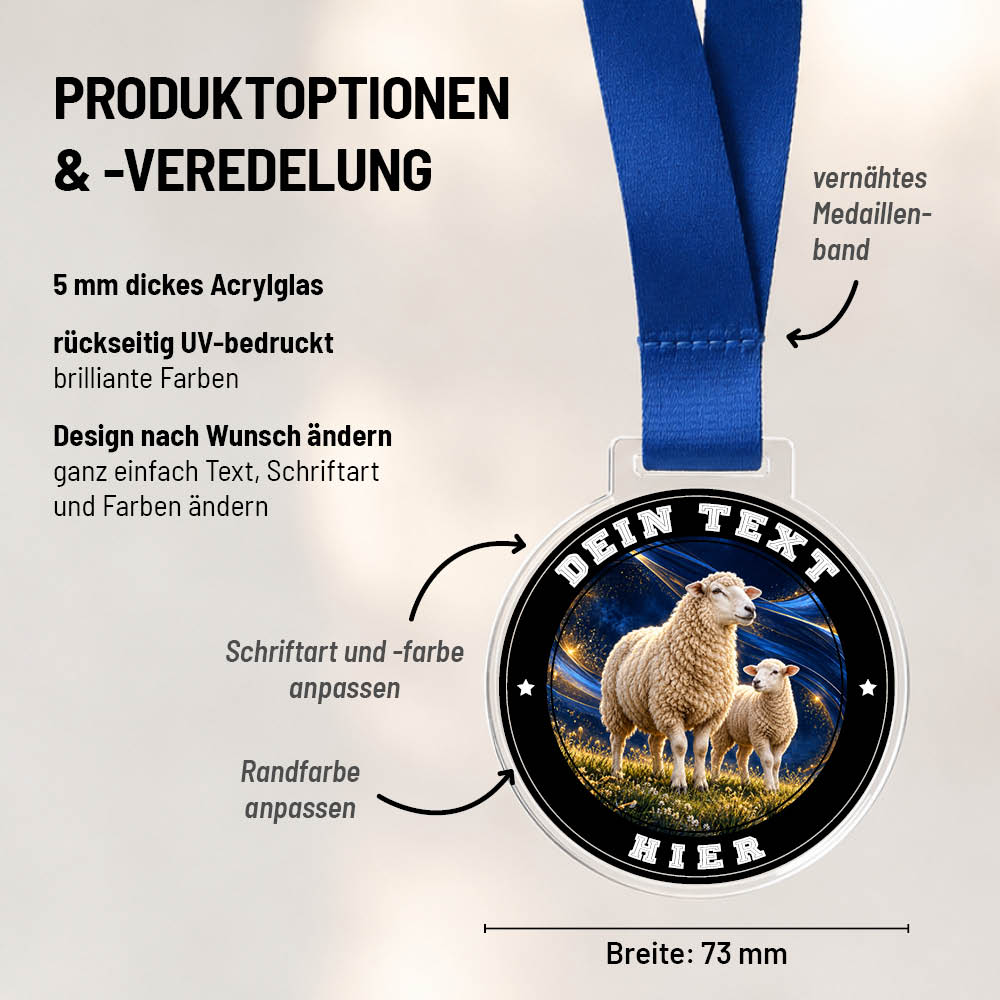 Maßübersicht und Gestaltungsoptionen der Signature Medaille Schafe
