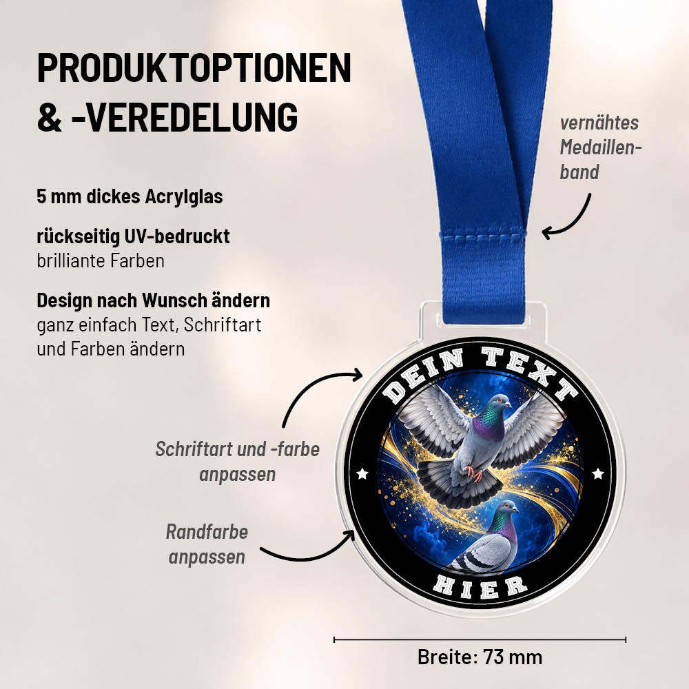 Maßübersicht und Gestaltungsoptionen der Signature Medaille Tauben