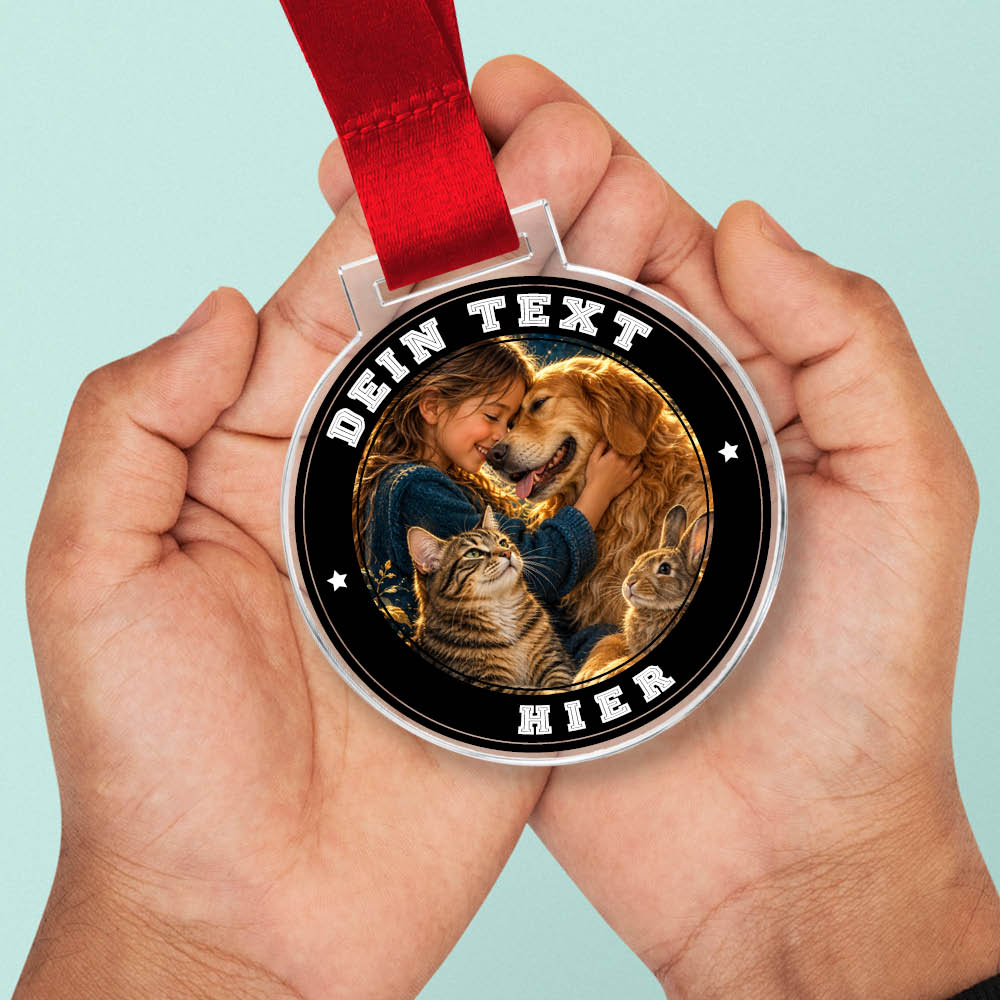 Signature Medaille Tierfreund in Händen als Größenvergleich