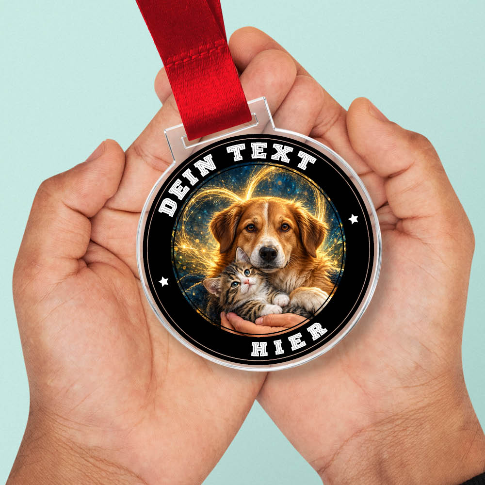 Signature Medaille Tierhelfer in Händen als Größenvergleich