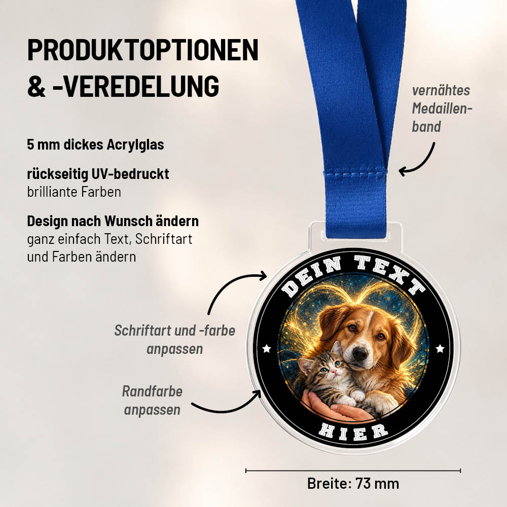 Maßübersicht und Gestaltungsoptionen der Signature Medaille Tierhelfer