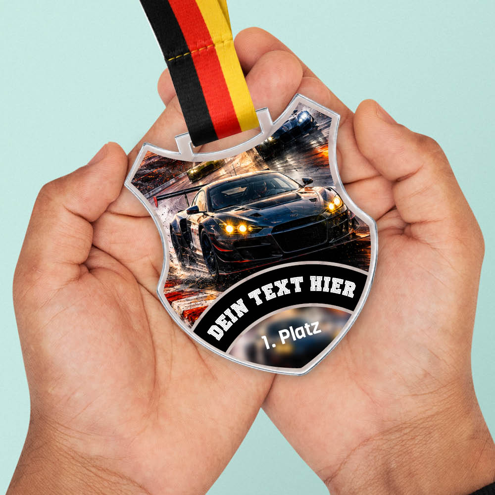 Wappen-Medaille GT Sportwagen aus Acrylglas – Größenansicht der Medaille