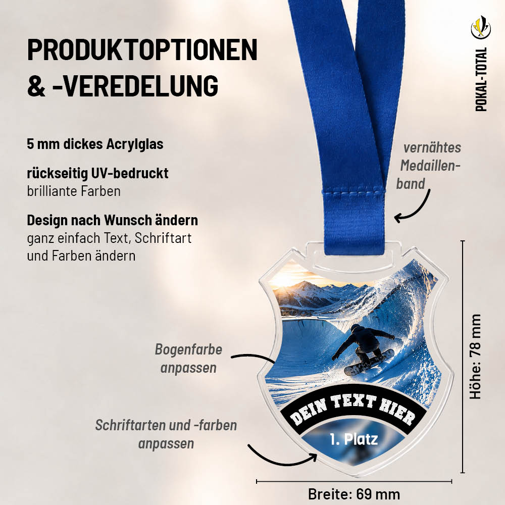 Maßübersicht der Signature Medaille Snowboard