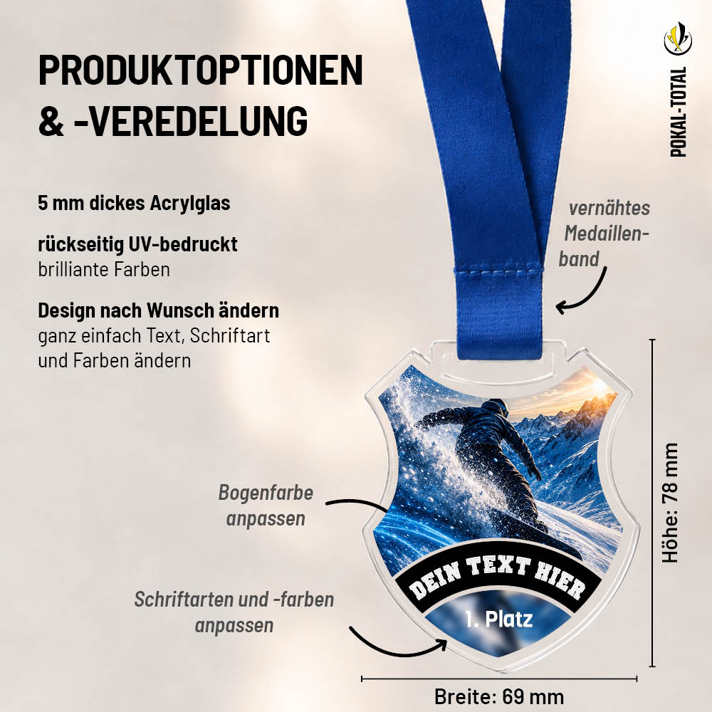 Maßübersicht der Signature Medaille Snowboardfahren