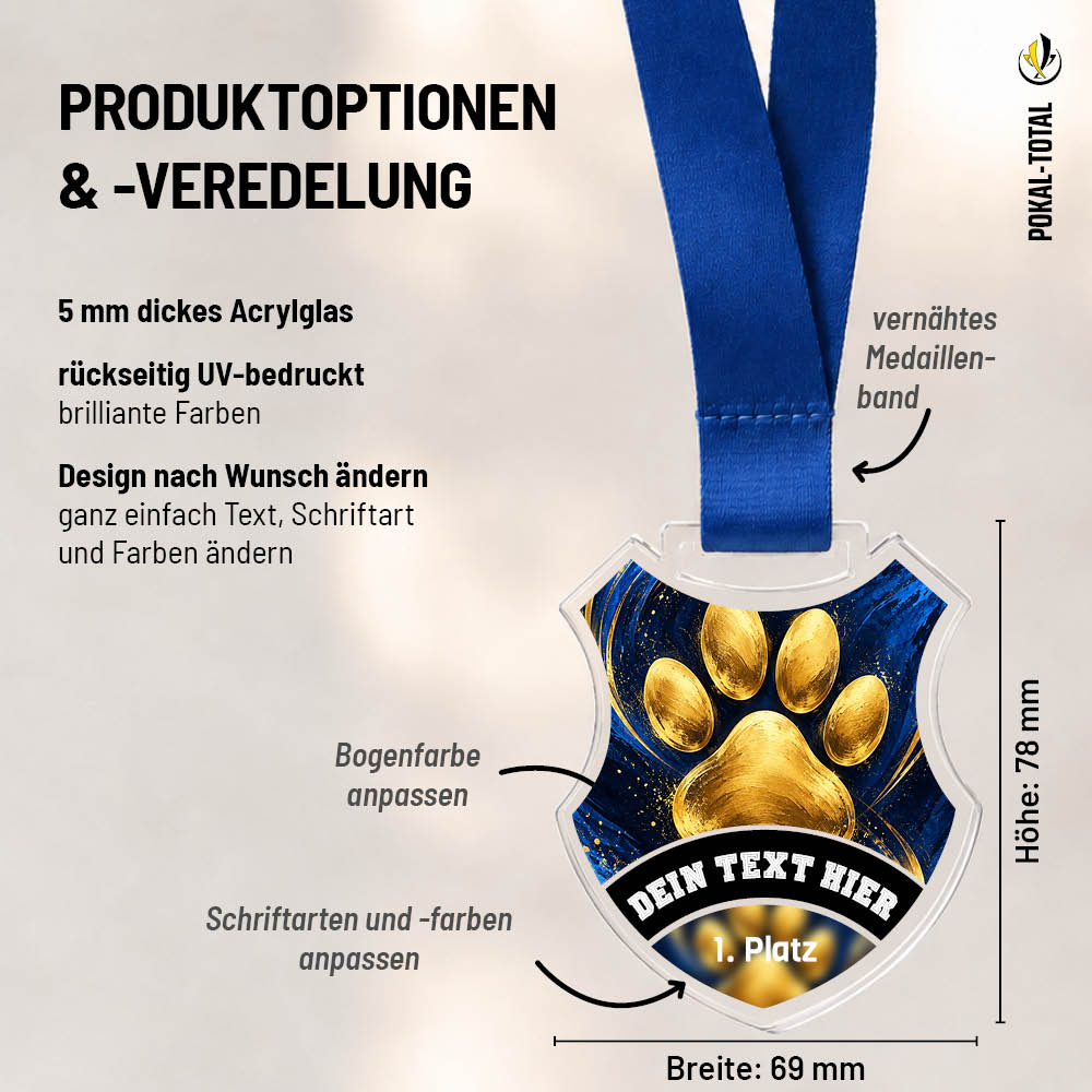 Maßübersicht der Wappen Medaille Goldene Hundepfoten