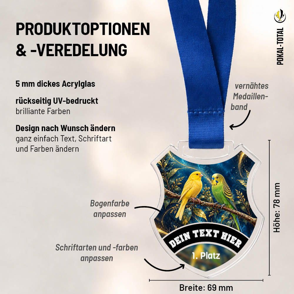 Maßübersicht der Wappen Medaille Kanarienvogel und Wellensittich
