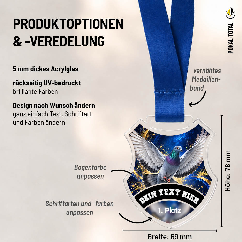 Maßübersicht der Wappen Medaille Tauben